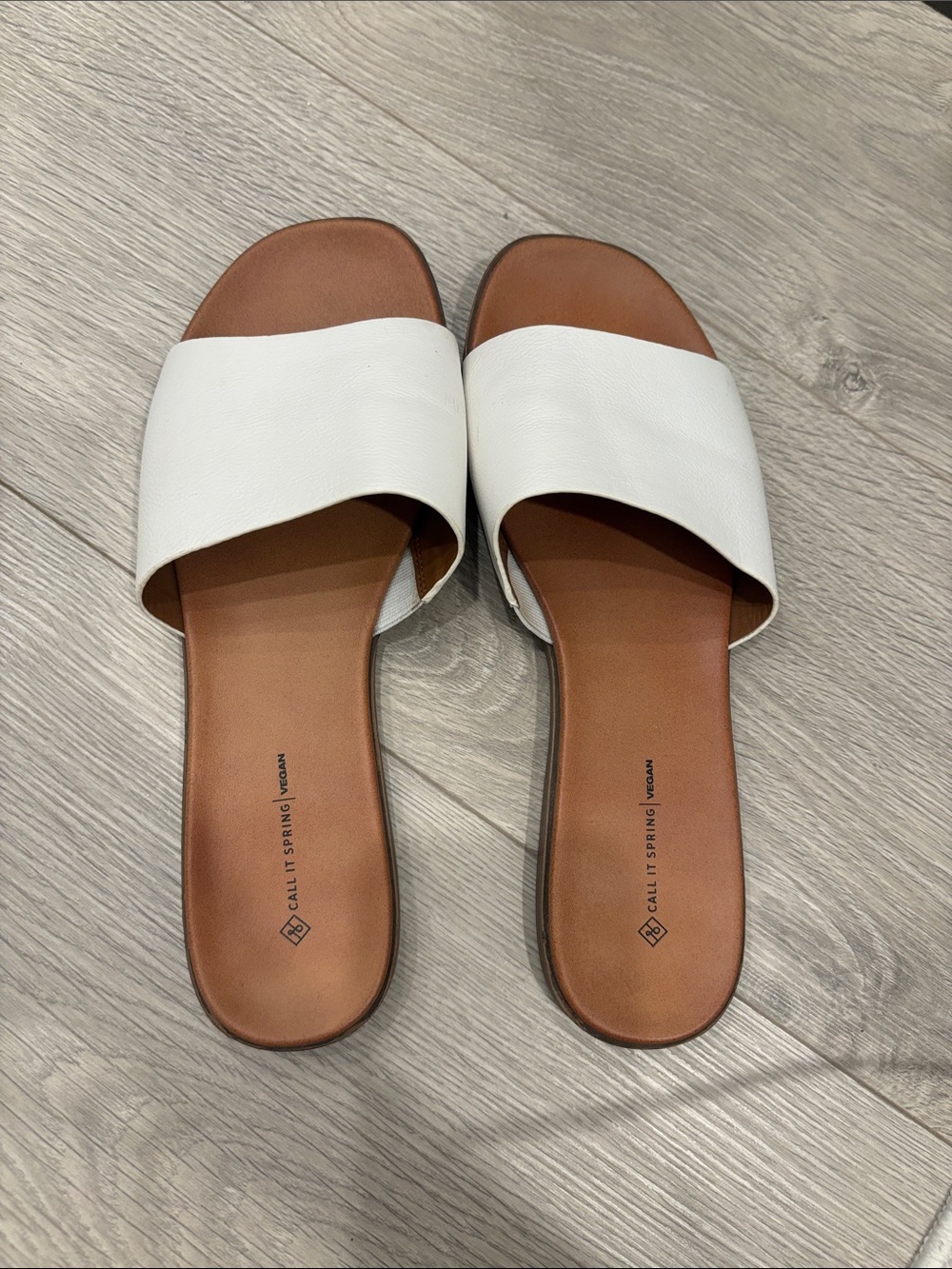 Call It Spring White and Tan Slide Sandals